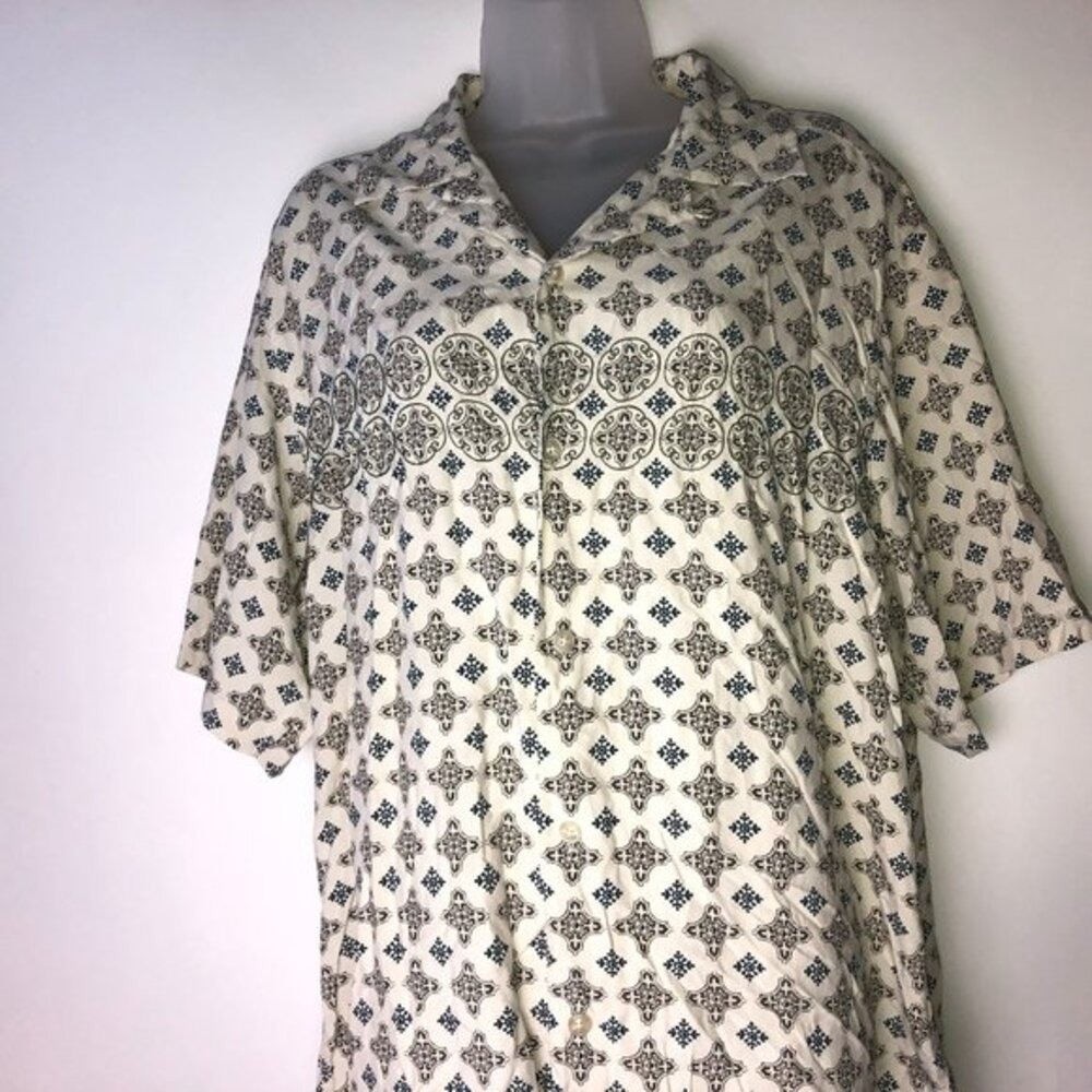 Claiborne White w/Dark Blue Brown‎ Fleur-de-lis Silk Shirt Women's Large